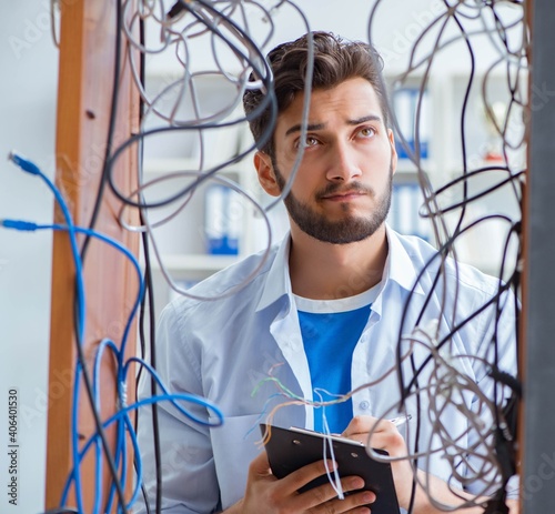 Electrician trying to untangle wires in repair concept