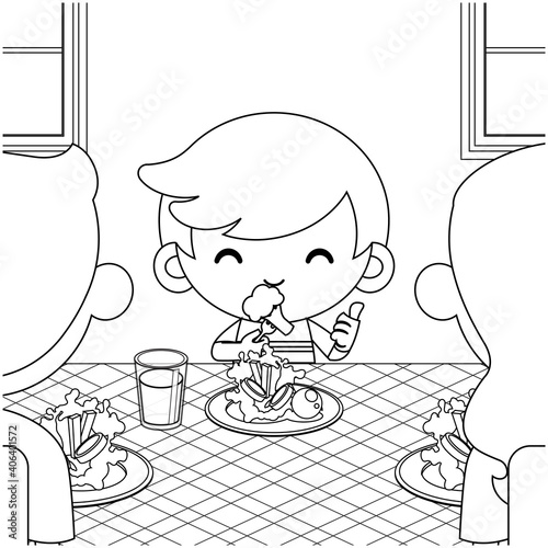 Coloring book for kids. Cartoon Cute Little Boy Like To Eat Vegetables And Her Parents Appreciated Him.