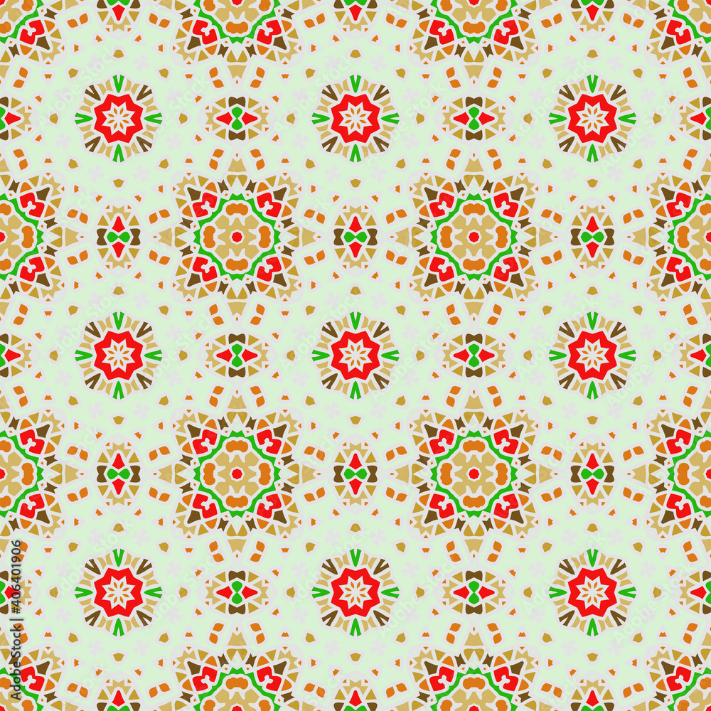 Creative trendy color abstract geometric mandala pattern in beige green red, vector seamless, can be used for printing onto fabric, interior, design, textile, carpet, rug.