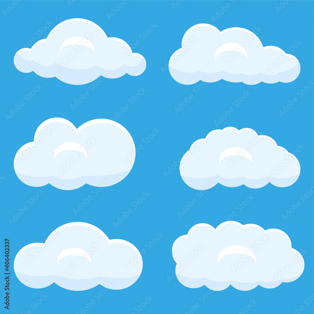 Clouds set isolated on a blue background. Simple cute cartoon design. Icon or logo collection. Realistic elements.