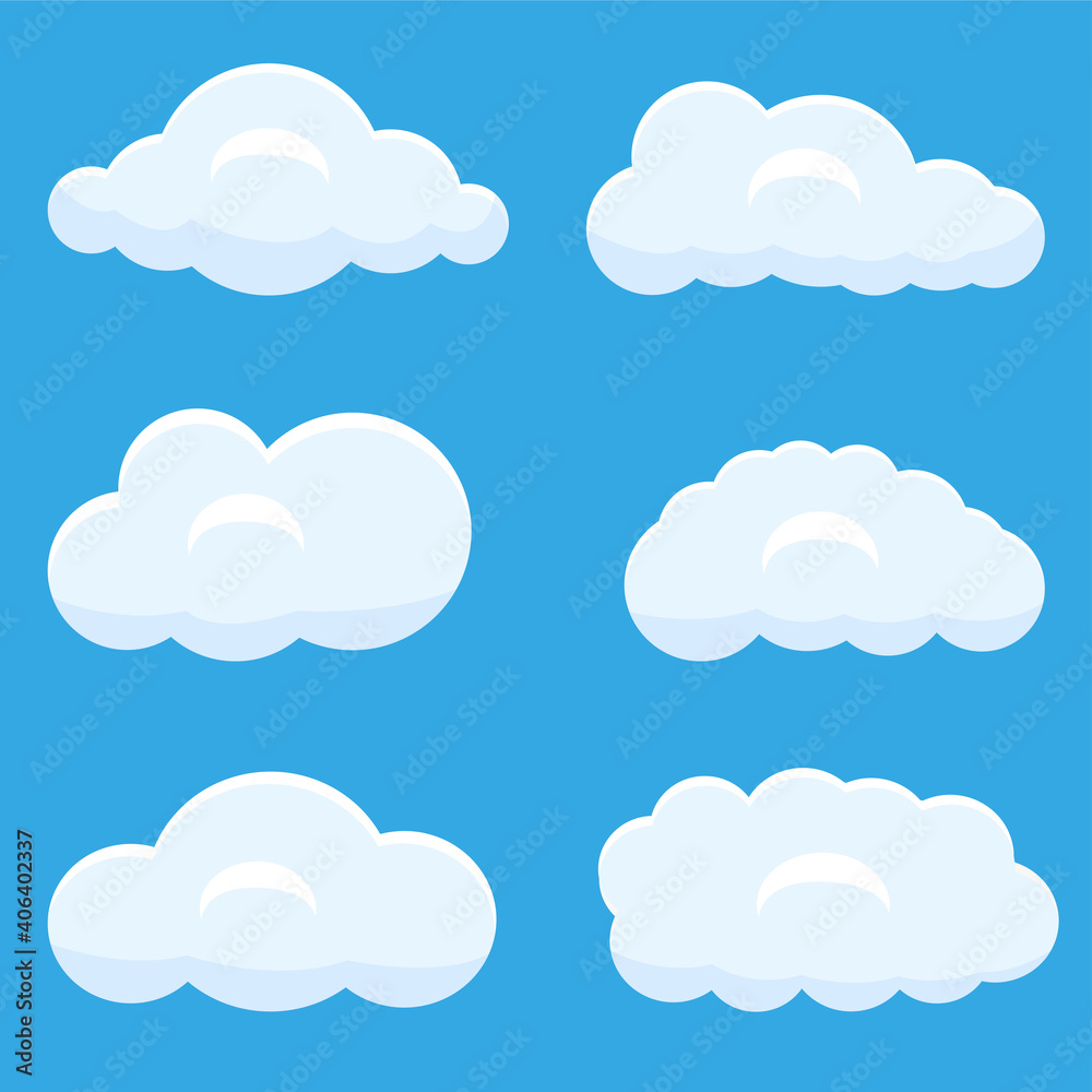 Clouds set isolated on a blue background. Simple cute cartoon design. Icon or logo collection. Realistic elements. Clouds set isolated on a blue background. Simple cute cartoon design. Icon or logo collection. Realistic elements.
