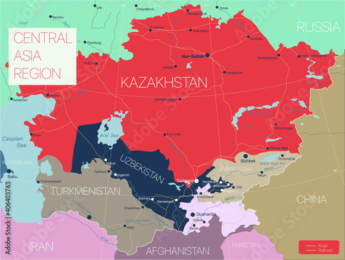 Central Asia region detailed editable map with regions cities and towns, roads and railways. Vector EPS-10 file photo