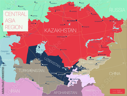 Central Asia region detailed editable map with regions cities and towns, roads and railways. Vector EPS-10 file