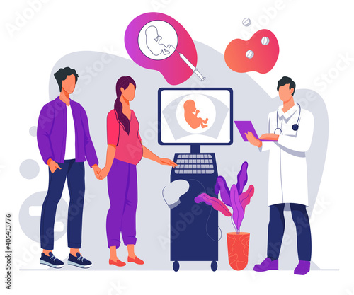 Banner for family planning and medical care during pregnancy. Couple at doctors appointment. In vitro fertilization and family reproductive care, flat vector illustration isolated on white background.