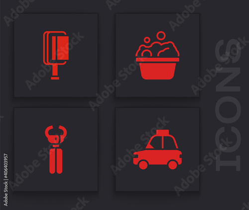 Set Pet car taxi, Hair brush for dog and cat, Pets bath and nail clippers icon. Vector.