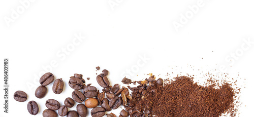Whole roasted coffee beans transition to a grounded coffee on a white isolated background, area for text to copy space.