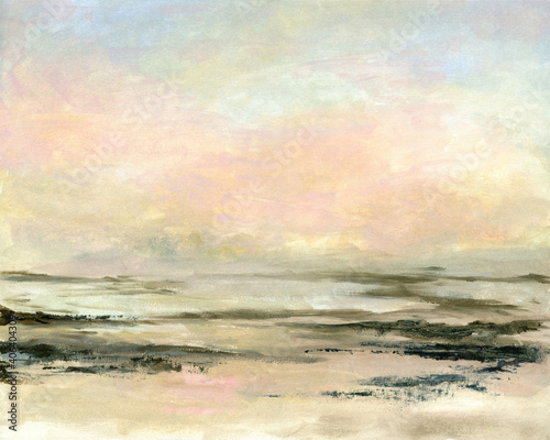 Sunset sea painting of calm hazy ocean beach, hand drawn Landscape .