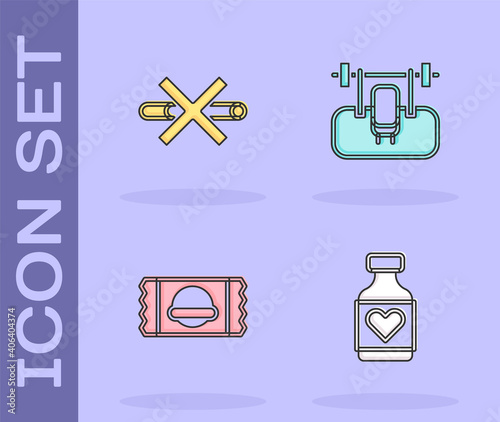 Set Vitamin pill, No Smoking, Sports nutrition and Bench with barbel icon. Vector.