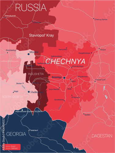 Chechnya region of Russia detailed editable map with regions cities and towns, roads and railways, geographic sites. Vector EPS-10 file