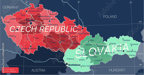 Czech Republic and Slovakia countries detailed editable map with regions cities and towns, roads and railways, geographic sites. Vector EPS-10 file