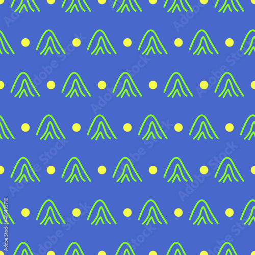 yellow polka dots and triangles abstract with blue background seamless repeat pattern