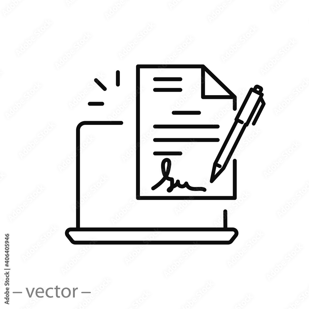 digital signature icon, e document form, electronic device for contract or agreement, thin line symbol on white background - editable stroke vector illustration eps10