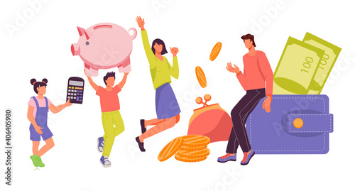 Family with children saving money in Piggy bank. Family budget and finance, income and expenses planning. Money economy and lending, flat vector illustration isolated on white.