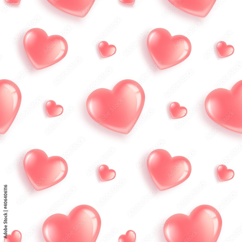 Seamless pattern with pink heart-shaped balloons. For Valentine's Day, Women's Day, Birthday. 3D realistic illustration. On white background. Vector.