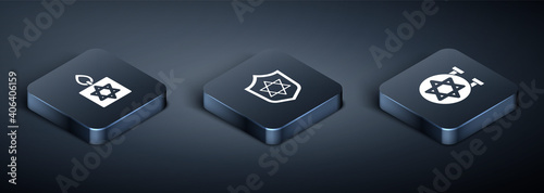 Set Isometric Burning candle, Jewish synagogue and Shield with Star of David icon. Vector.