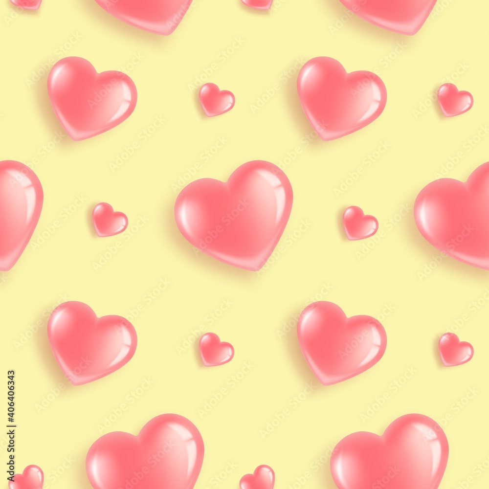 Seamless pattern with pink heart-shaped balloons. For Valentine s Day, Women s Day, Birthday. 3D realistic illustration. On a yellow background. Vector.