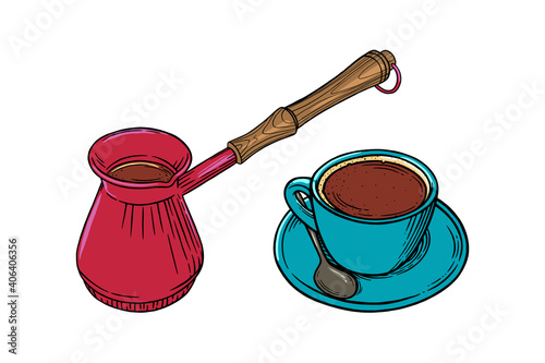 Coffee cup with cappuccino and turkish pot. Engraved sketch set of coffee mug and pot. Vector illustration