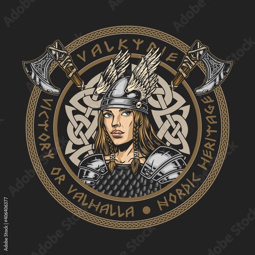 Vintage colorful viking round badge