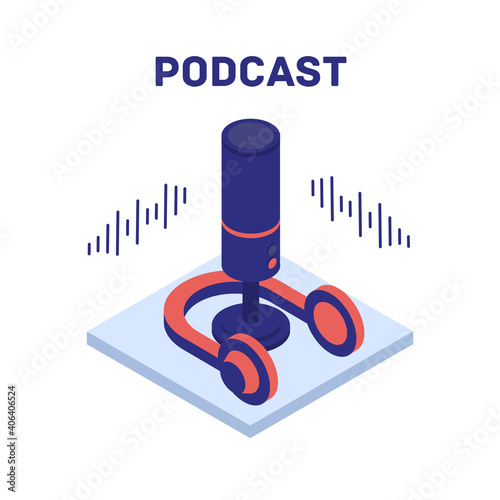 Microphone and Headphones - Tools for recording a podcast in isometric view.Podcast concept illustration.Podcast screensaver concept.