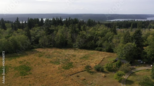 Cinematic aerial drone flyover footage of Vashon Island, Maury Island located in the Puget Sound, Pacific Northwest close to Seattle, Washington photo