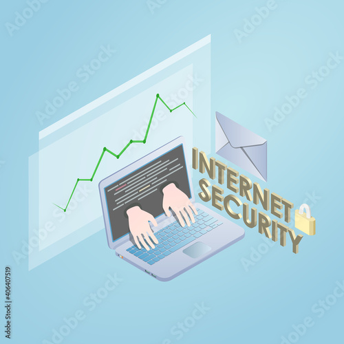 Illustration of internet security and laptop on isometric view, cyber attack