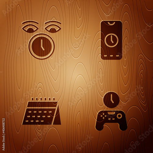 Set Gamepad of time, Clock, Calendar and Alarm clock app mobile on wooden background. Vector.
