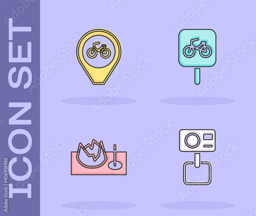 Set Action extreme camera, Location with bicycle, Bicycle street ramp and parking icon. Vector.
