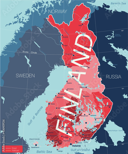 Finland country detailed editable map with regions cities and towns, roads and railways, geographic sites. Vector EPS-10 file