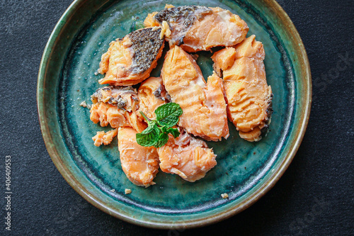 Photography salmon canned fish seafood ready to eat on the table for healthy meal snack outd