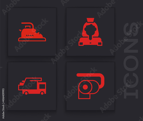 Set Toilet paper roll, Electric iron, Cleaning lady service and Garbage truck icon. Vector.