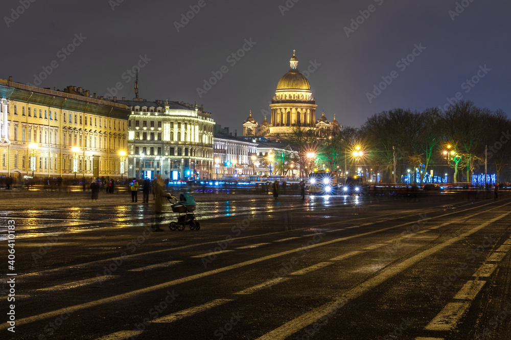 Shadows of St. Petersburg. Christmas holiday night in New Year's lights.