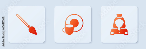 Set Washing dishes, Handle broom and Cleaning lady service. White square button. Vector.