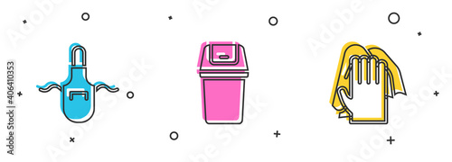 Set Kitchen apron, Trash can and Cleaning service icon. Vector.