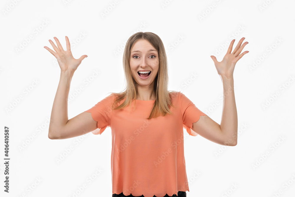 Surprised and happy blond girl express overjoy and surprised, spread hands sideways and smiling, hear amazing info Surprised and happy blond girl express overjoy and surprised, spread hands sideways and smiling, hear amazing info