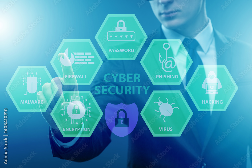 Cybersecurity concept with businessman pressing button Cybersecurity concept with businessman pressing button