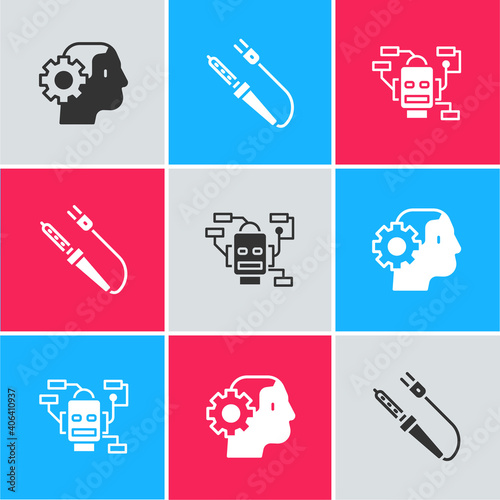 Set Humanoid robot, Soldering iron and Robot icon. Vector.