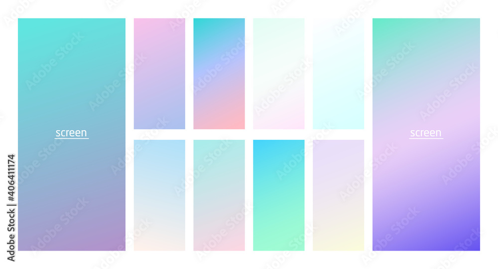 Soft pastel gradient smooth and vibrant color background set for devices, pc and modern smartphone screen soft pastel color backgrounds vector ux and ui design illustration isolated on white.