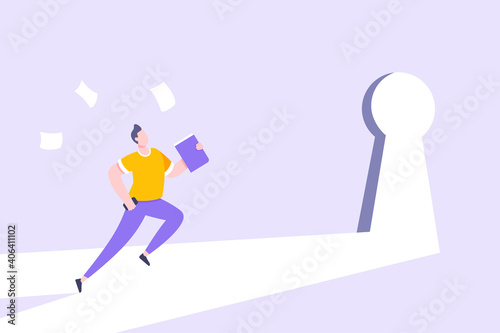 Business key opportunity concept with keyhole and ambitious man running to career potential and work financial success flat style vector illustration. New way business beginnings and unlock future.