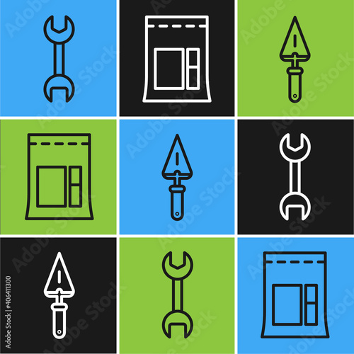 Set line Wrench spanner, Trowel and Cement bag icon. Vector.