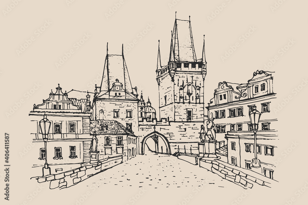 Architecture sketch illustration of Prague. Old town street in Prague, Czech Republic, Europe. Drawing urban landscape black and white in retro style. Travel sketch. Background colors kraft paper.