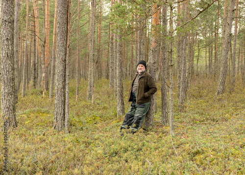 man's silhouette in the forest, swampy forest background, the land is covered with plants characteristic of the swamp