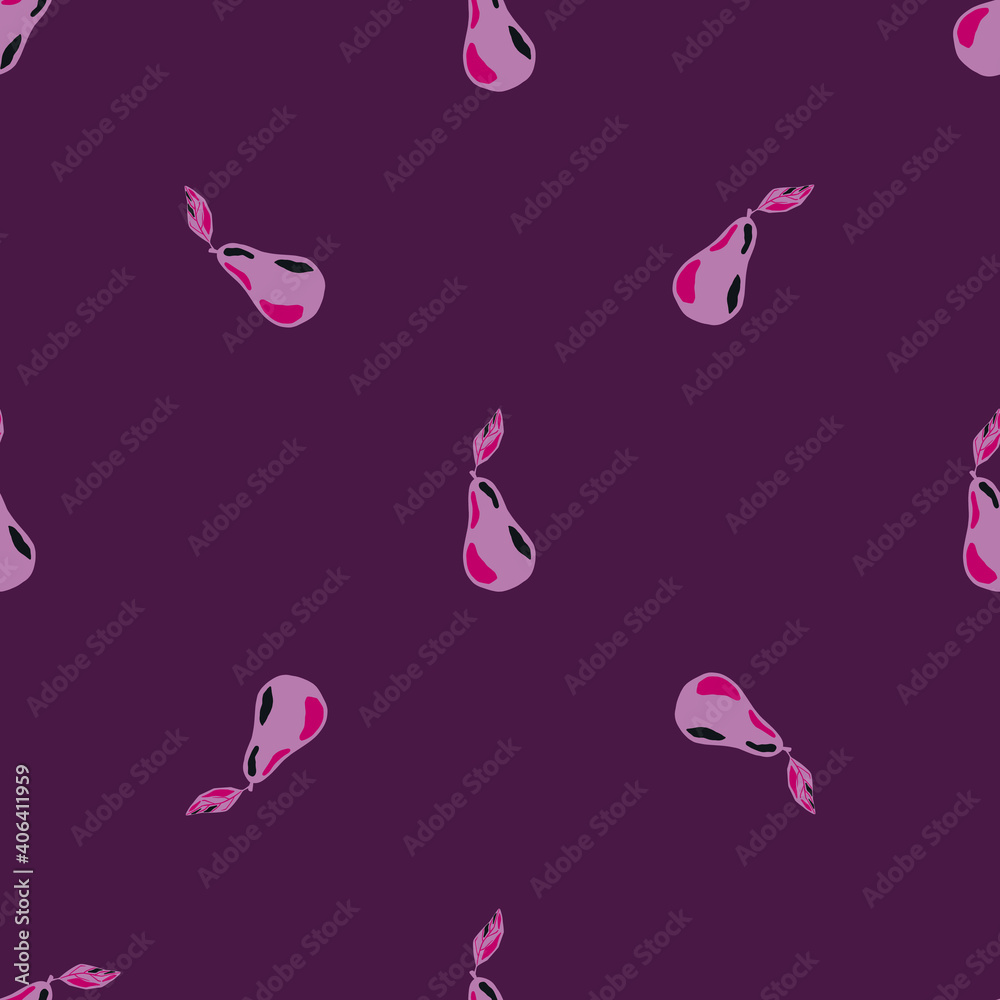 Cartoon fruit seamless pattern in minimalistic style with pear ornament in purple colors. Cartoon fruit seamless pattern in minimalistic style with pear ornament in purple colors.