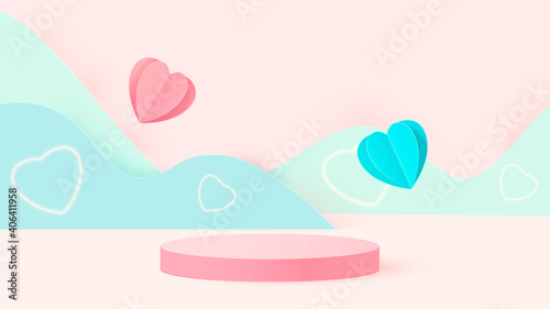 3d render of pink love valentine pastel stages background or texture. Bright pastel podium or pedestal backgrounds. Vector