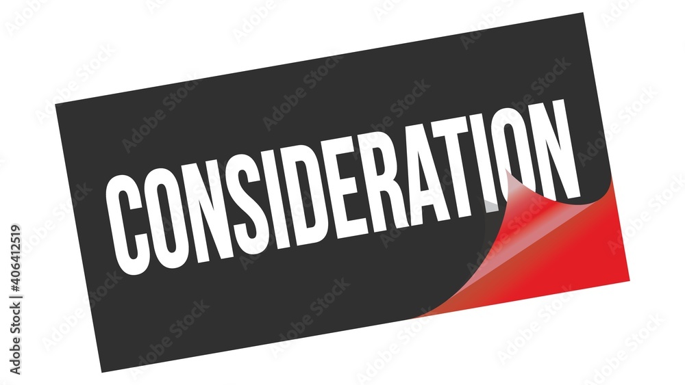 CONSIDERATION text on black red sticker stamp.