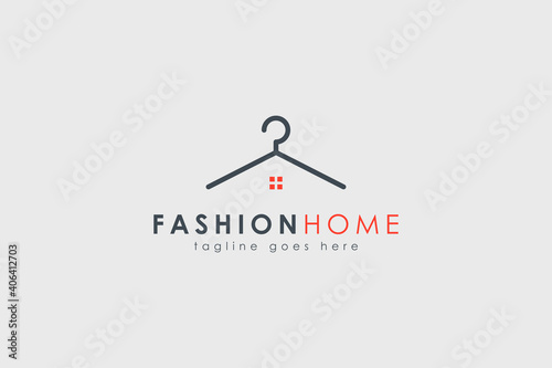 Fashion Home Logo. Clothes Hanger Line Icon with House Symbol Combination isolated on Vintage Background. Usable for Tailor and Laundry Logos. Flat Vector Logo Design Template Element.