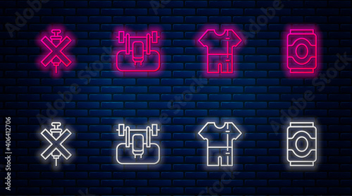 Set line Bench with barbel, Sport track suit, No doping syringe and Soda can. Glowing neon icon on brick wall. Vector.