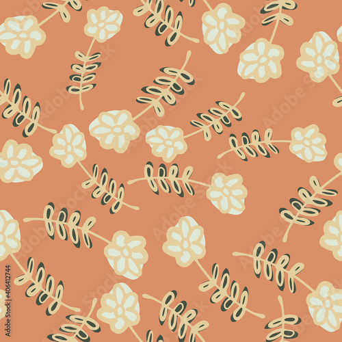 Spring pale seamless pattern with light flowers elements. Beige background. Doodle artwork.