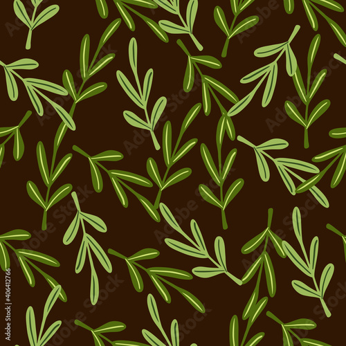 Green simple leaves twigs shapes seamless random pattern on brown dark background.