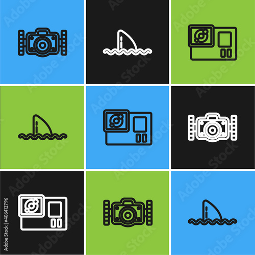 Set line Photo camera, Action and Shark fin in ocean wave icon. Vector.