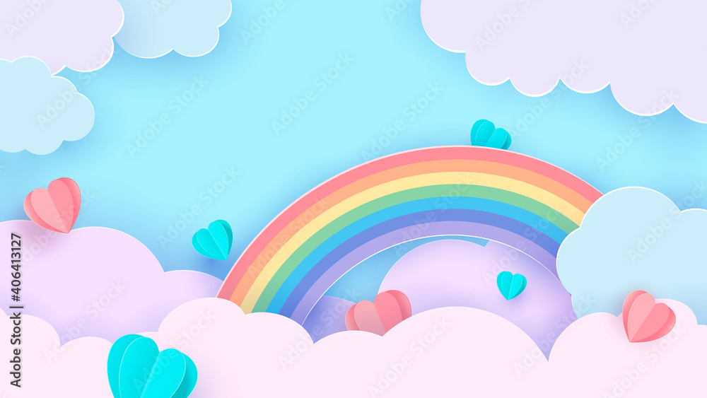 Valentine s day background with heart shaped balloon flying through the clouds. Romantic paper art in origami style. Vector